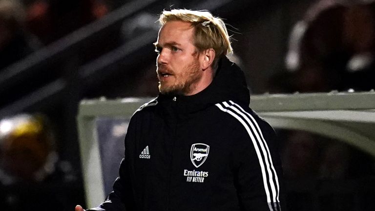 Arsenal Women head coach Jonas Eidevall gestures on the touchline during his side's Champions League group C match against Hoffenheim